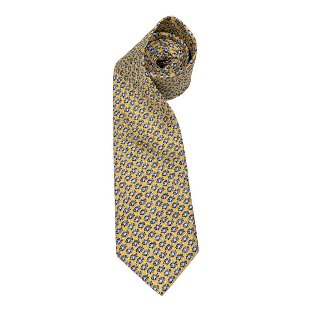Brooks Brothers Blue & White Fish with Yellow All Silk Neck Tie Made In The USA